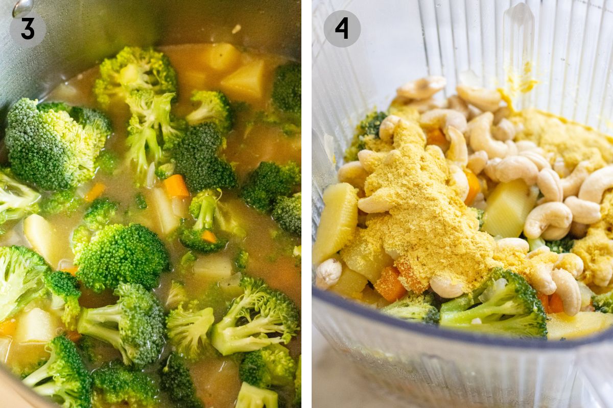 broccoli and cashews being blended into soup.