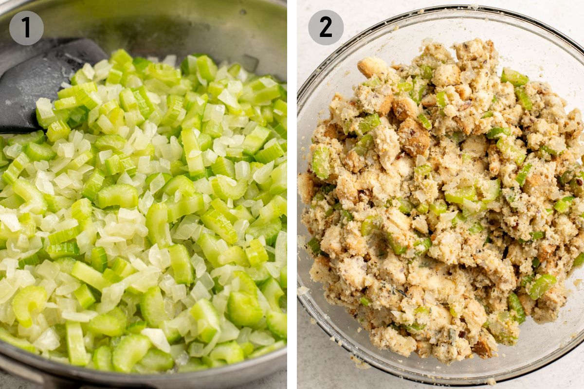 left: sauteed onions and celery, right: mixed stuffing in a glass bowl.