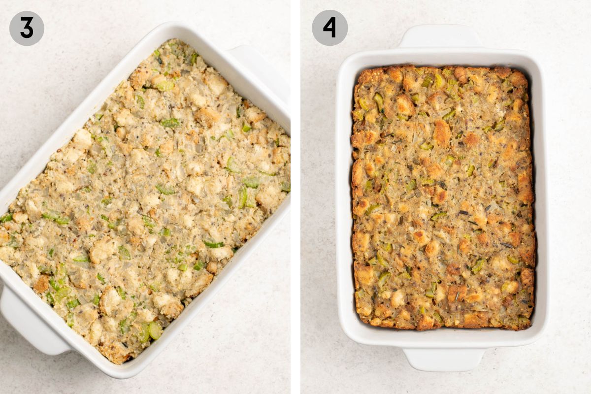 gluten free stuffing in a baking dish before and after baking.
