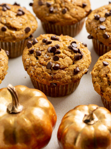 pumpkin banana muffins with chocolate chips on top.