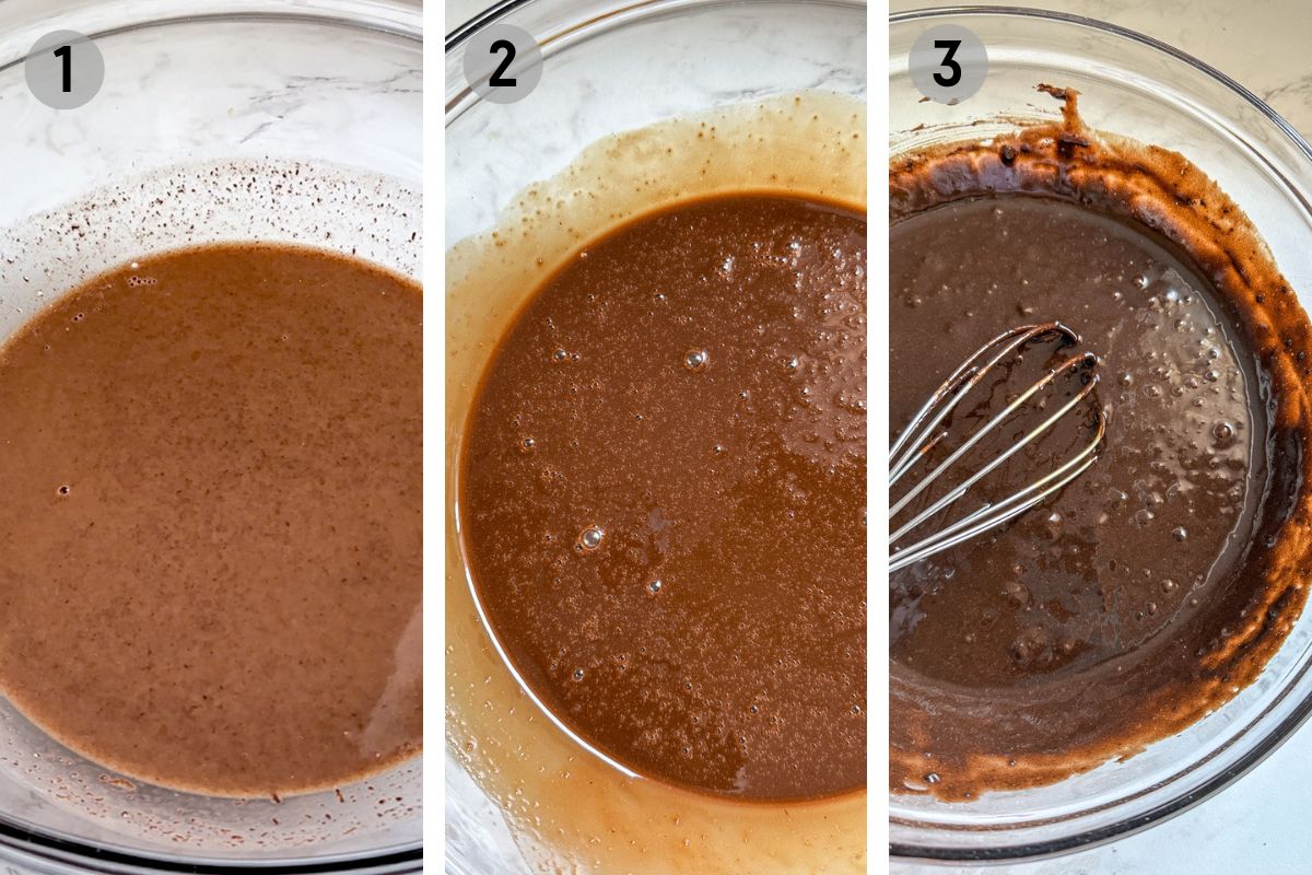 mixing chocolate cupcake batter in a glass bowl.