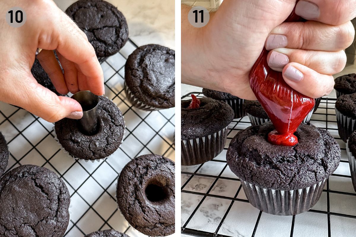 hand piping strawberry jam into chocolate cupcakes.