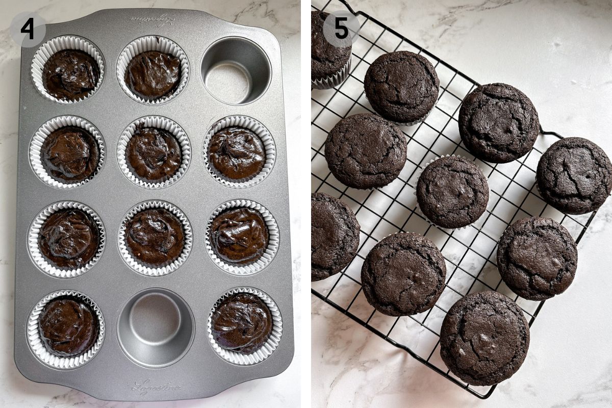 chocolate cupcakes before and after baking.