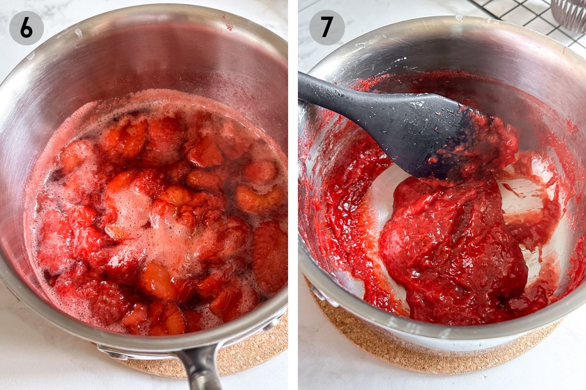 boiling strawberries in a metal pot for jam.