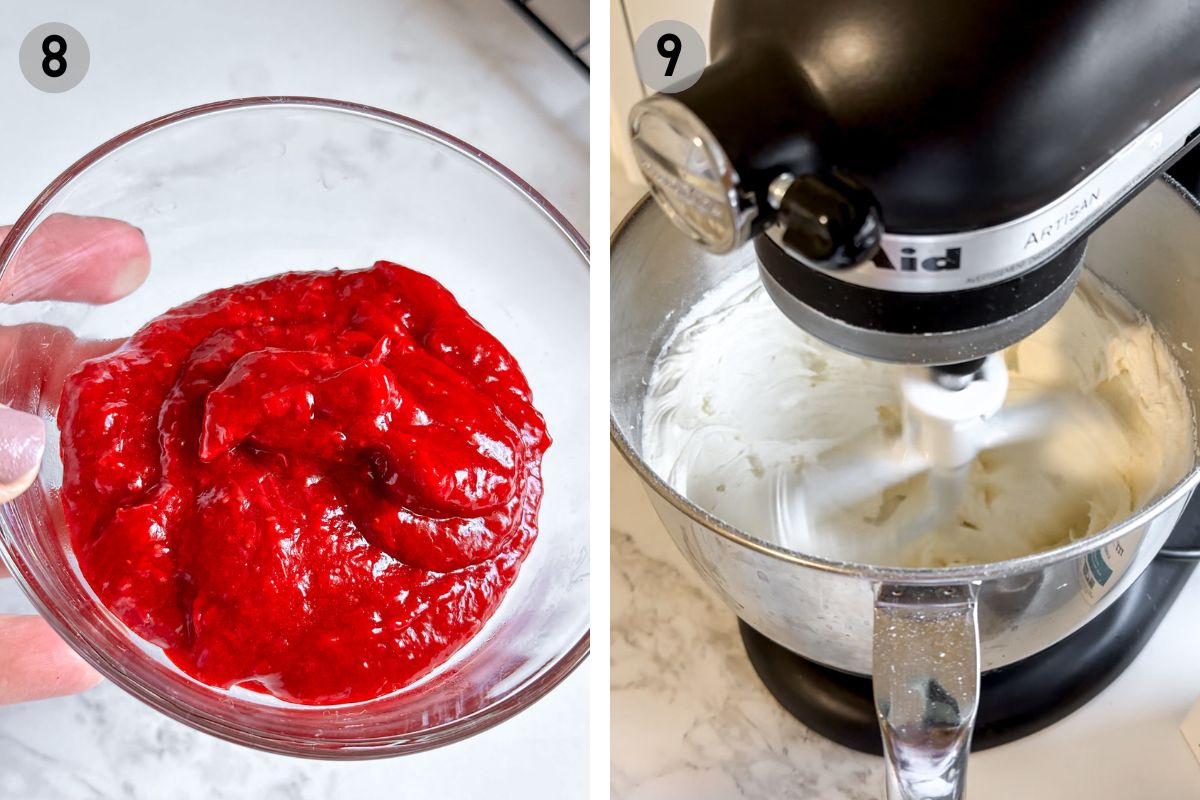 left: cooled strawberry jam, right: stand mixer mixing buttercream.