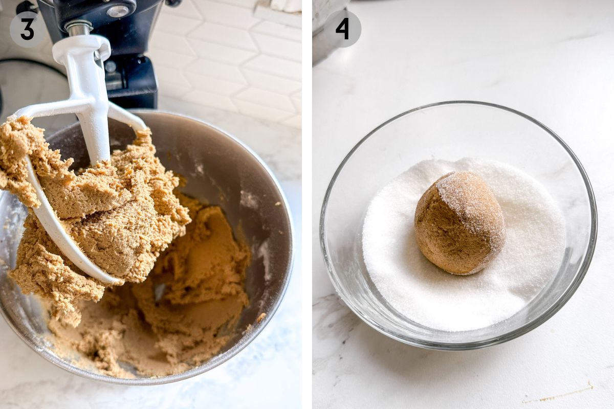 left: ginger molasses cookie dough in a stand mixer, right: cookie dough ball in a small bowl of white sugar.