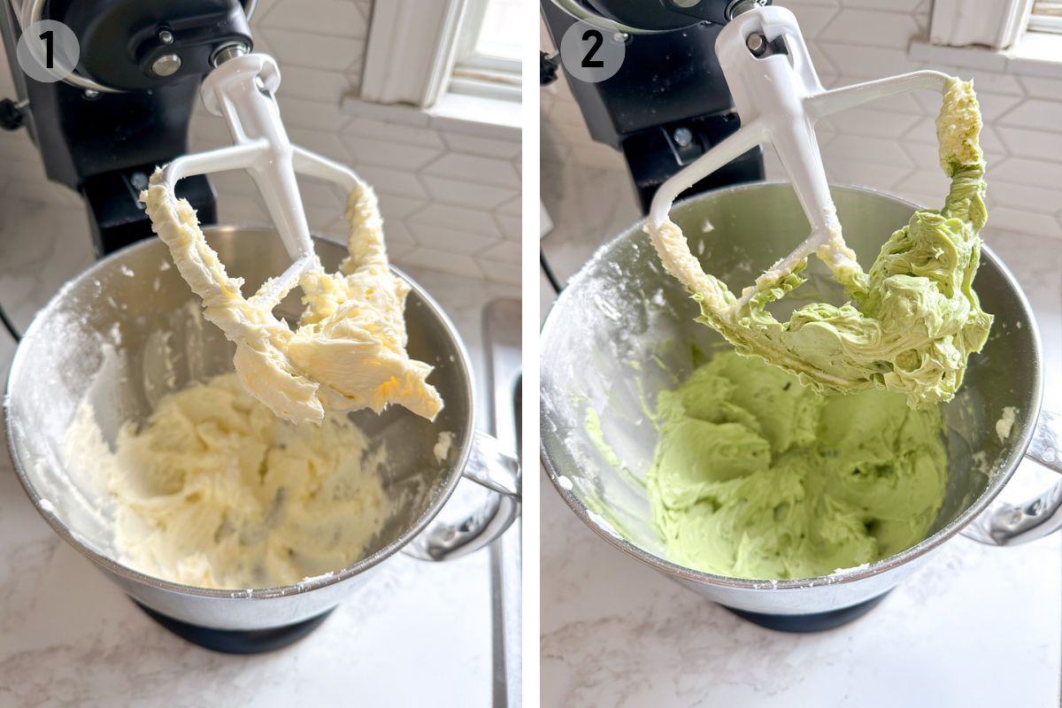 stand mixer with beaten butter, sugar, and matcha.