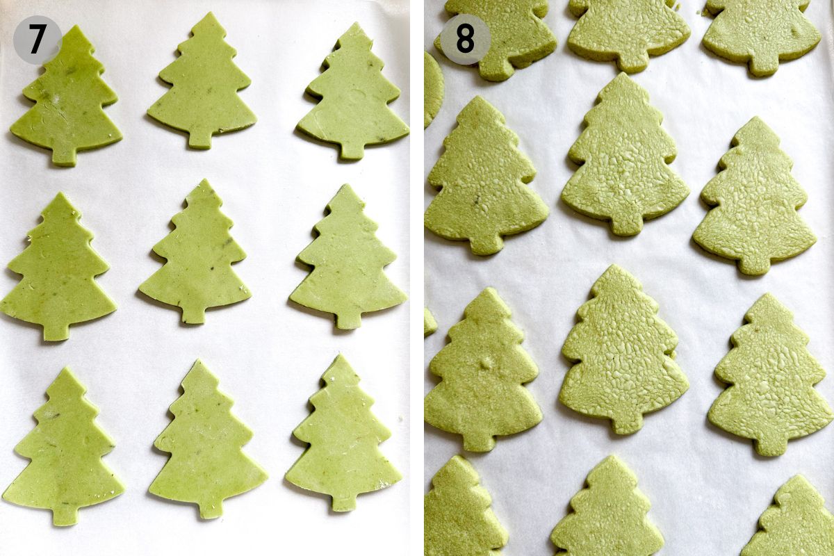 matcha shortbread trees before and after baking.