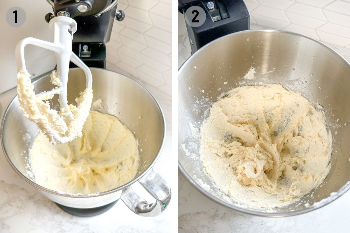 mixing gluten free snickerdoodle cookie dough in a stand mixer.