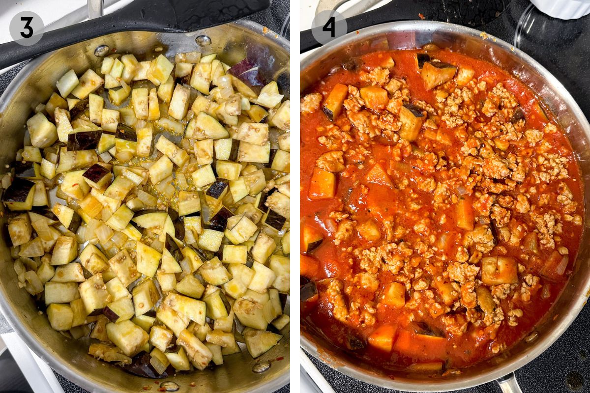 left: eggplant in a skillet, right: sausage, eggplant, and crushed tomatoes in a skillet.