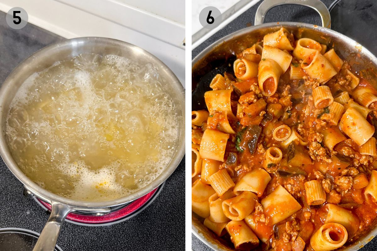 left: pasta boiling in a pot, right: sausage and eggplant pasta in a skillet.