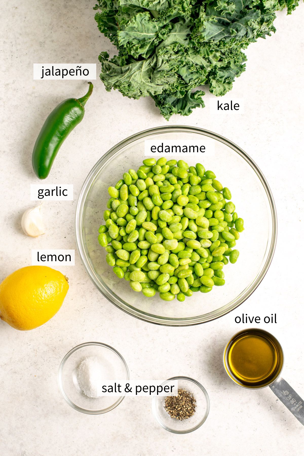 ingredients to make spicy edamame kale dip.