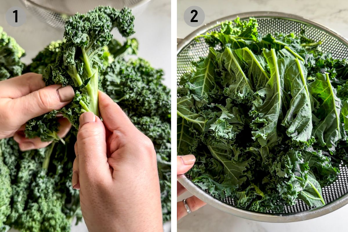 hands breaking the stems off of kale leaves.