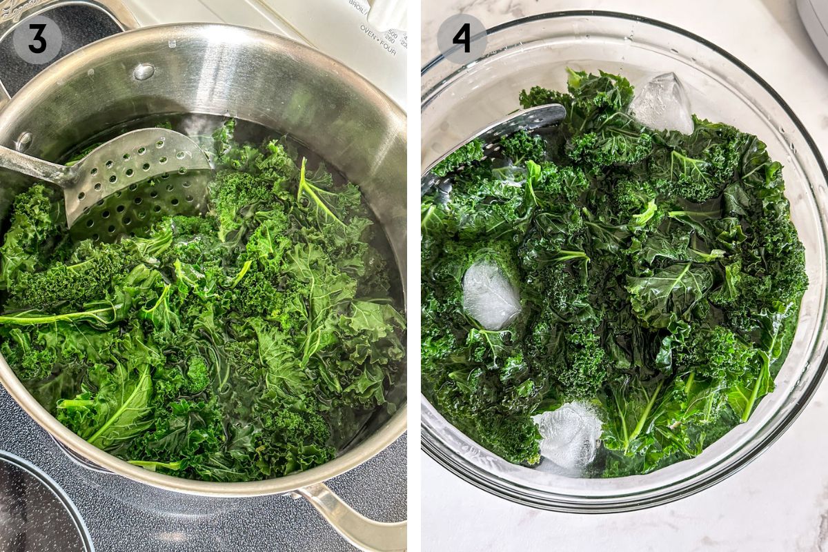 kale blanching in a large pot, then in an ice bath.