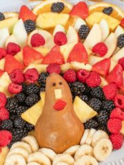 fruit platter shaped like a turkey.
