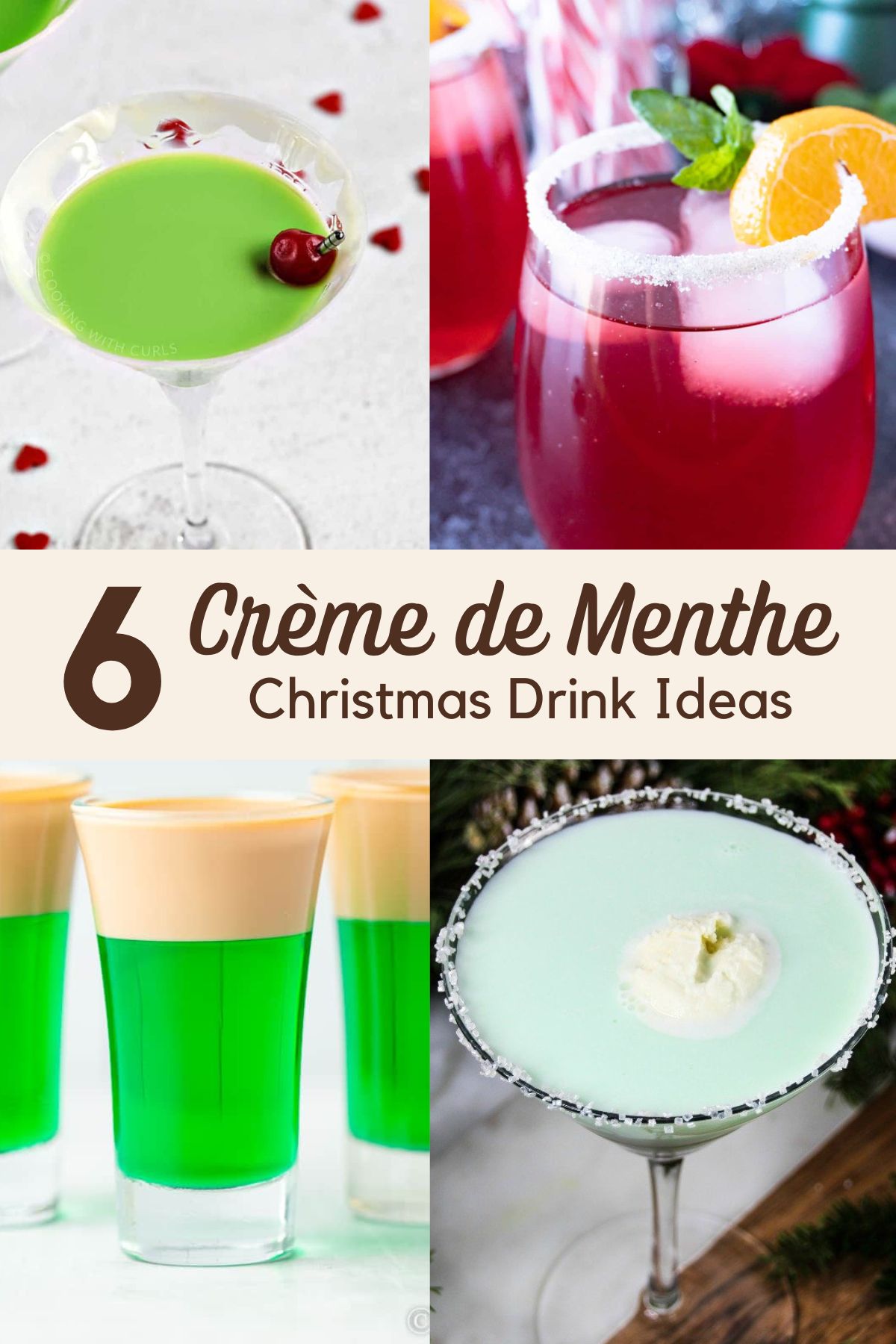 4 photos of creme de menthe christmas drinks.