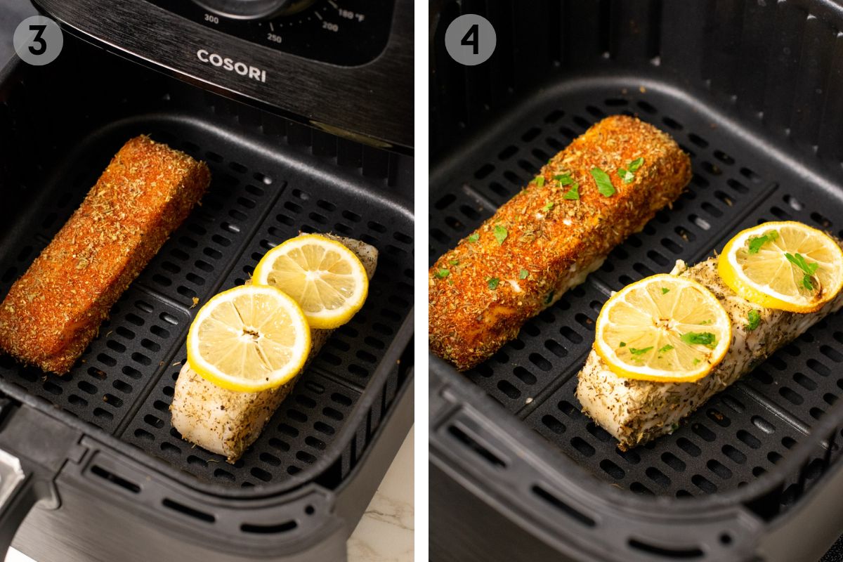 seasoned halibut in the air fryer before and after cooking.