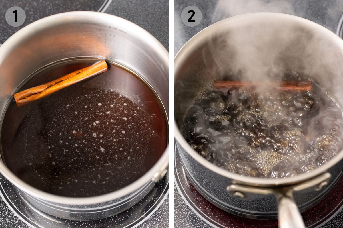 boiling brown sugar syrup in a pot with a cinnamon stick.