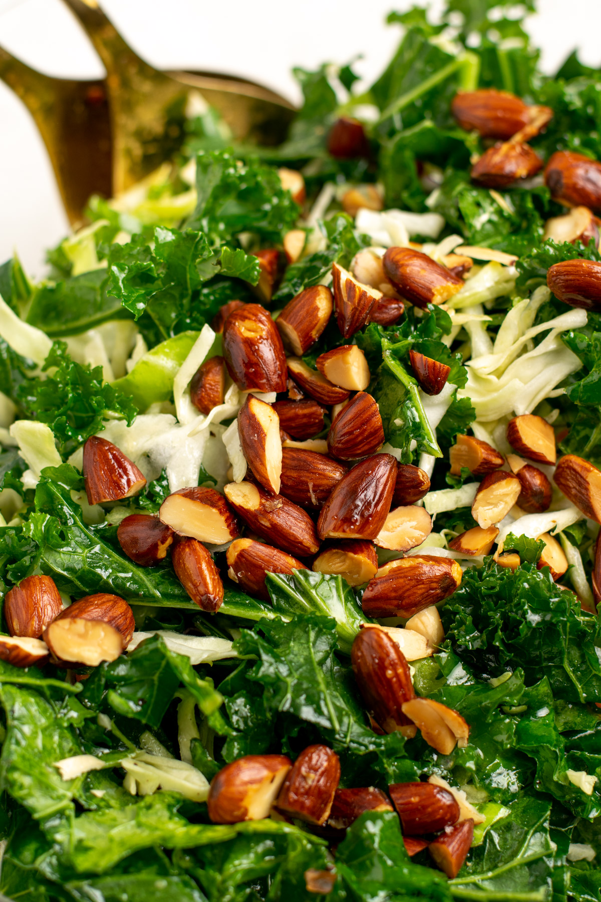 close up of almonds on a kale and cabbage salad.
