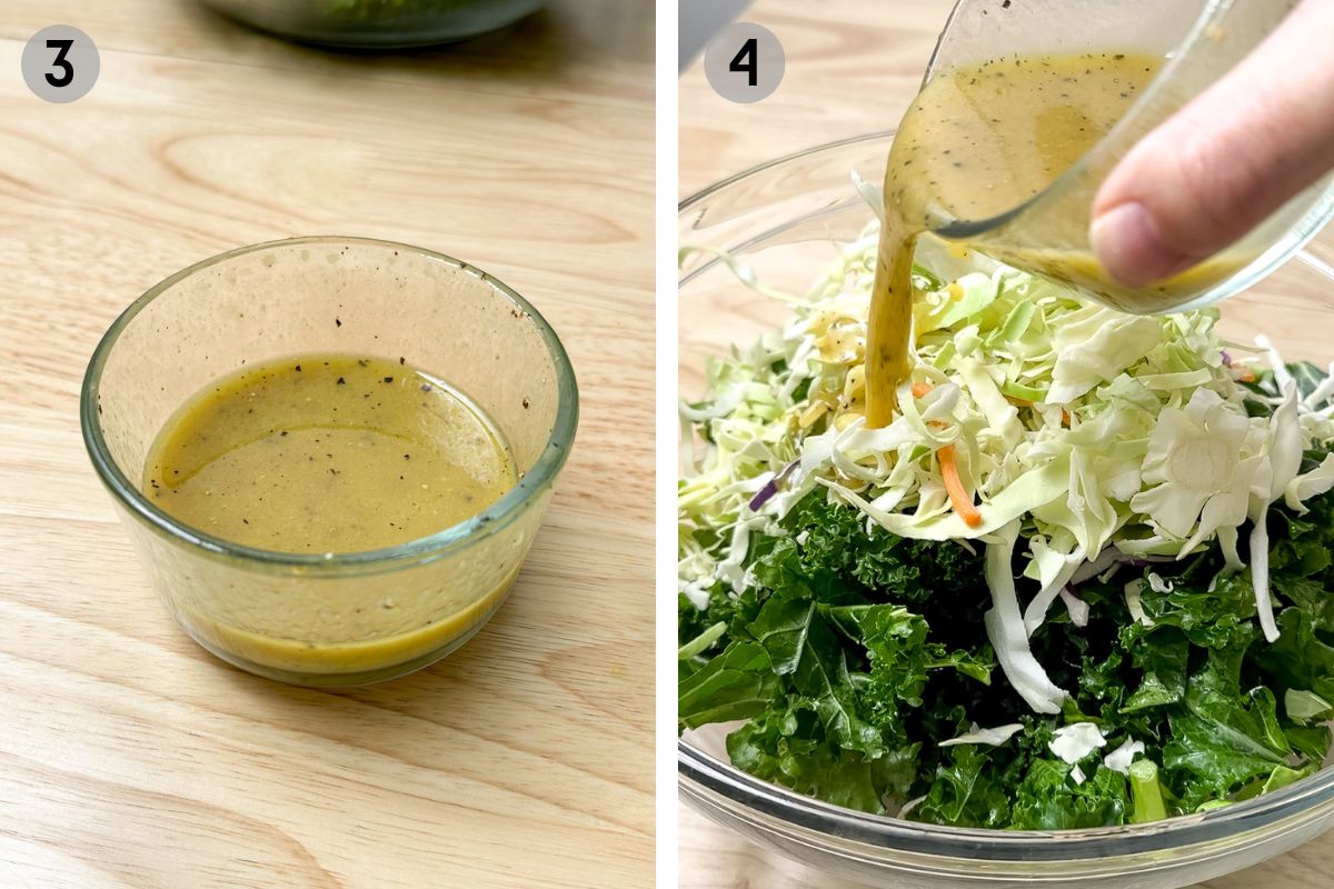 left: mustard vinaigrette dressing in a glass bowl, right: hand pouring dressing on kale salad.