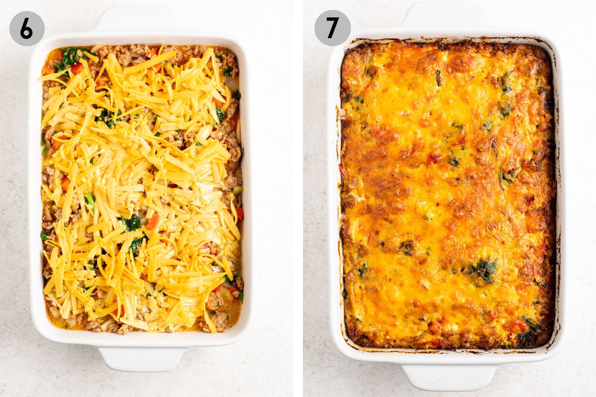 before and after baking gluten free breakfast casserole in a white dish.