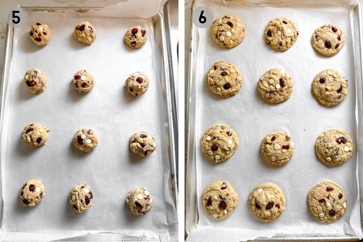 gluten free white chocolate cranberry cookies before and after baking.