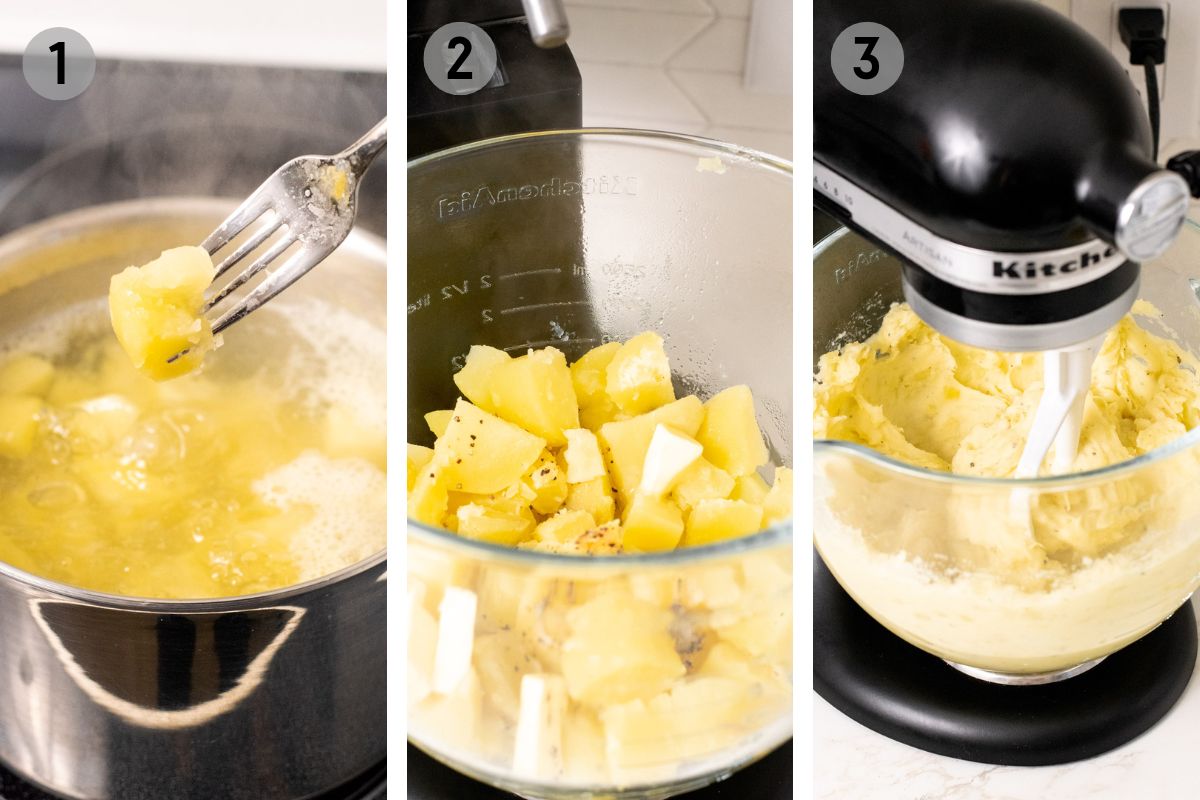 boiling and mashing white potatoes in a kitchenaid mixer.