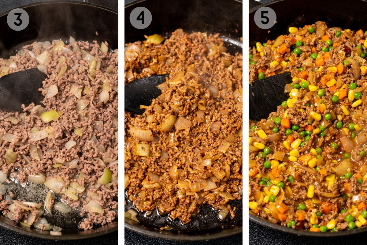 3 photos showing the process of cooking shepherd's pie ground beef filling.