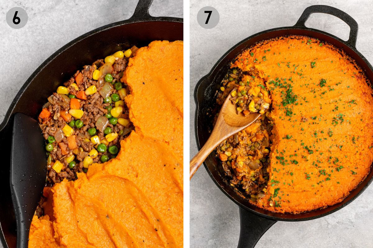 left: spreading mashed sweet potatoes in a cast iron skillet, right: baked sweet potato shepherd's pie with a wooden spoon.