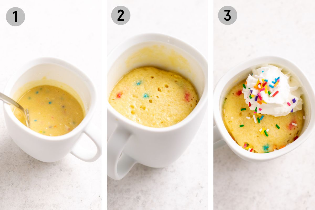 the 3 steps of making a gluten free mug cake: batter, baked, and topped with whipped cream.