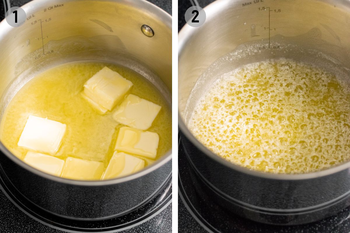 butter melting and bubbling in a metal pot.