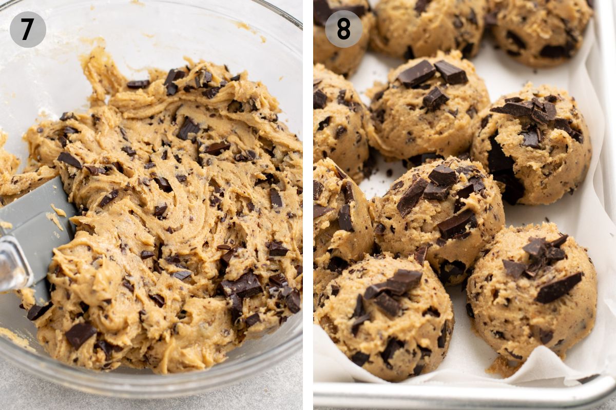 chocolate chunk cookie dough in a bowl then rolled into balls.