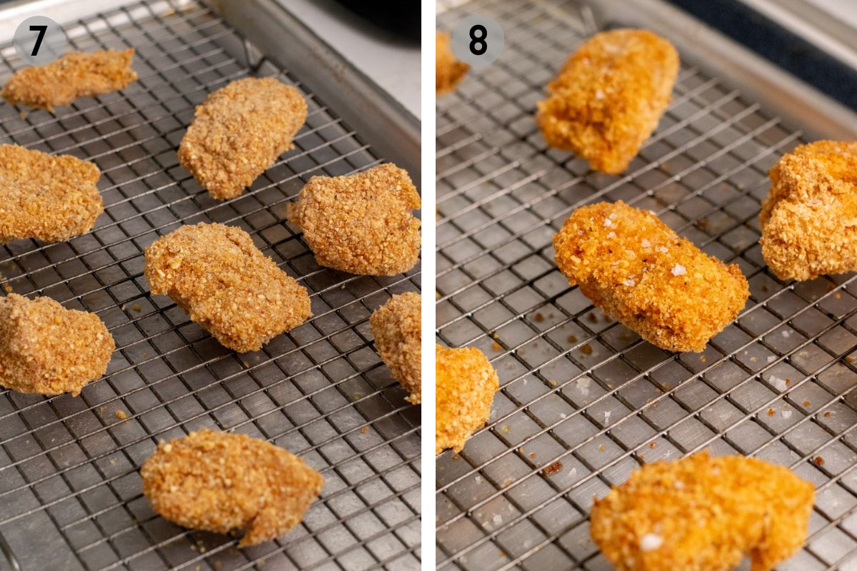 gluten free chicken nuggets on a wire rack before and after baking.